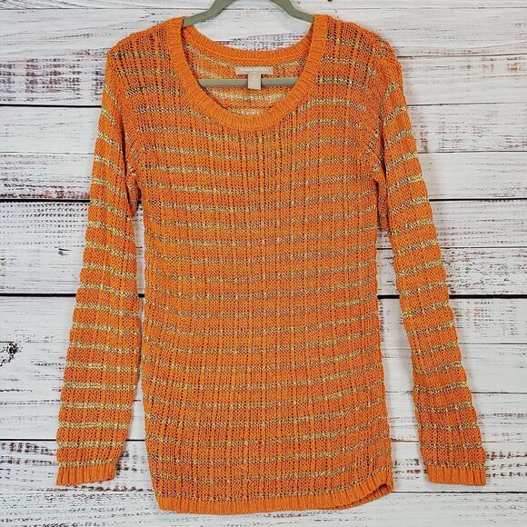 Banana Republic Tunic Crochet Knit Sweater Orange with Gold Metallic Stripes S - Picture 1 of 7